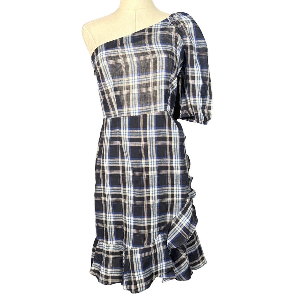 Donna Morgan Womens Blue Plaid One Shoulder Linen Blend Ruffle Mini Dress Size 2